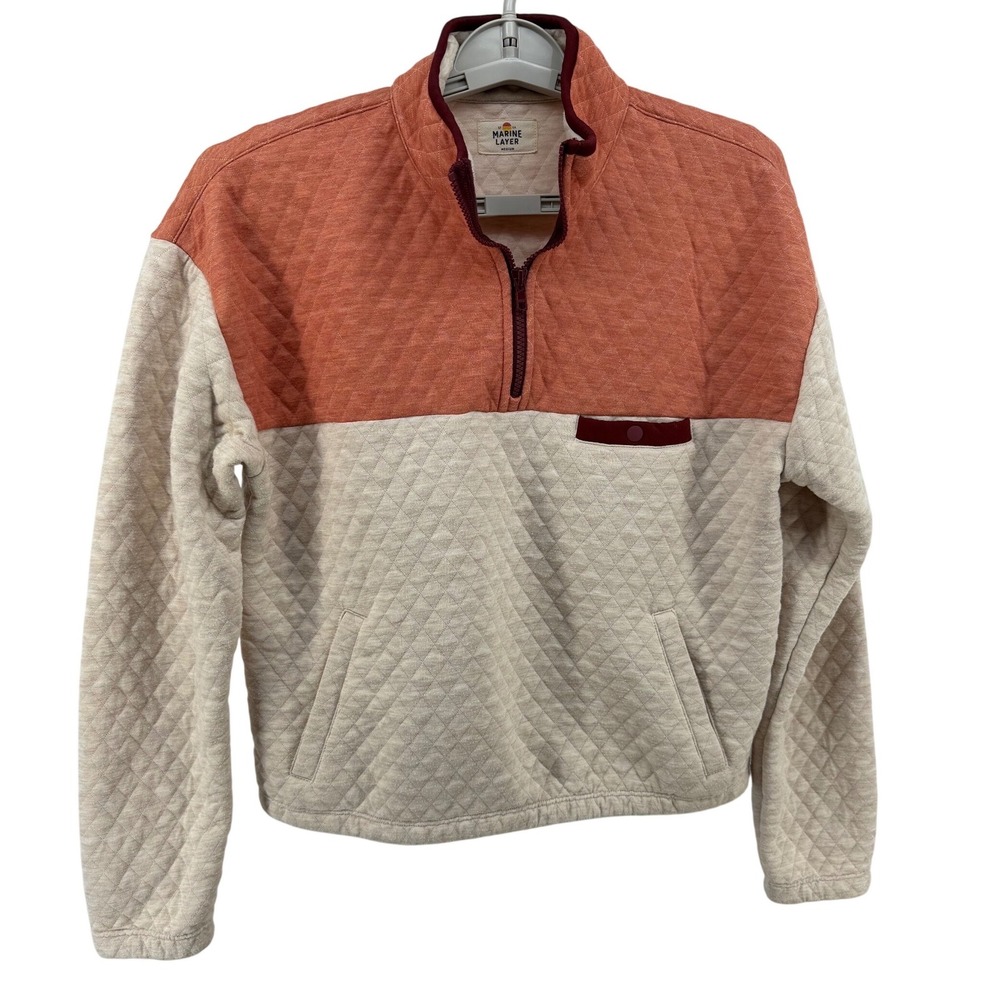 Marine Layer Womens Quilted Colorblock‎ Quarter Zip Pullover Clay Beige Medium